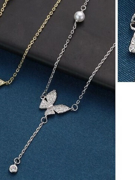 By Queen Κολιέ Butterfly Μαργαριτάρι Zircon Ασημένιο