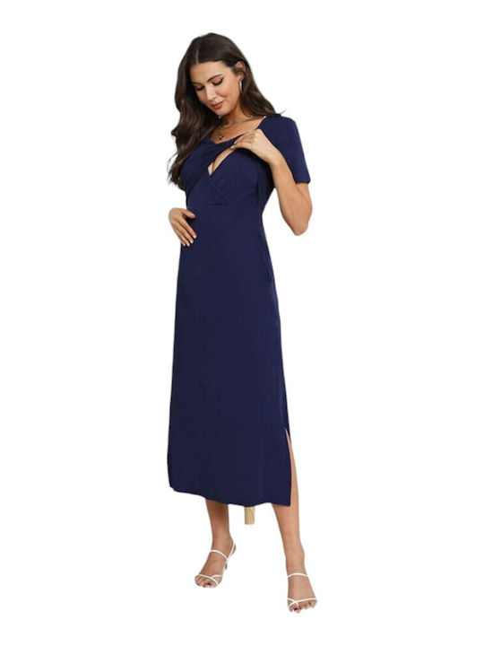 Maternity Nursing Dress Queen Mother Maxi Short Sleeve Blue
