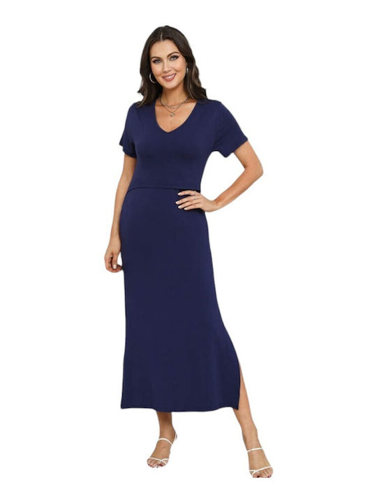 Maternity Nursing Dress Queen Mother Maxi Short Sleeve Blue