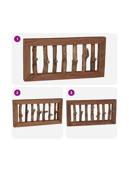 vidaXL Wooden Wall Hanger 7 Hooks Brown 50x25x11cm