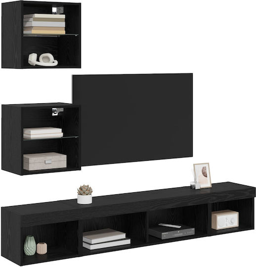 Living Room TV Unit with Showcase & Lighting Black Beech L100xW30xH30cm