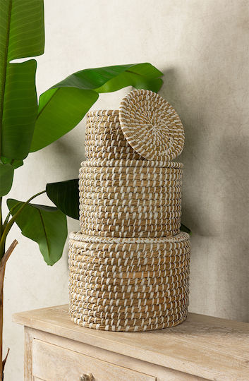 InTheBox Coș De Depozitare Din Paie Cu Capac Bej 35x35x25cm 3 Bucăți