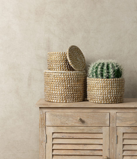 InTheBox Wicker Storage Basket with Lid Beige 35x35x25cm 3 Pieces