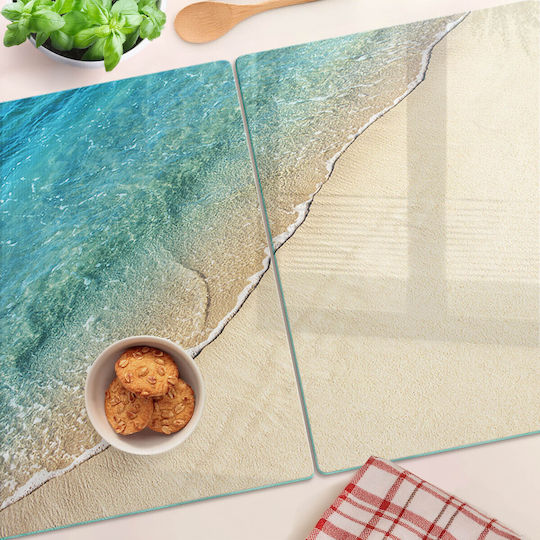 Glass Kitchen Chopping Surface Wave Design On The Beach 2x40x52 Cm