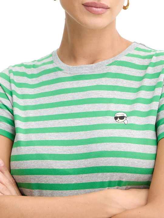 Logo Damen T-Shirt Gestreift Grey-Green
