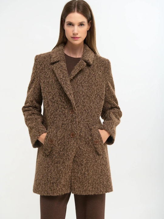 Curly Women's Brown Peacoat with Buttons