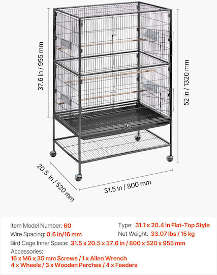 Vevor Клетка за Птици 80x52x132см. Розов