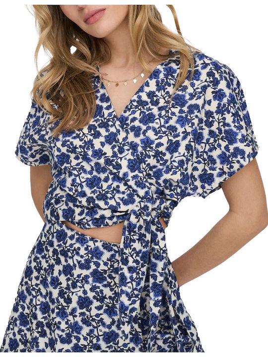 Women's Summer Crop Top Cotton Short Sleeve with V Neckline Floral Blue