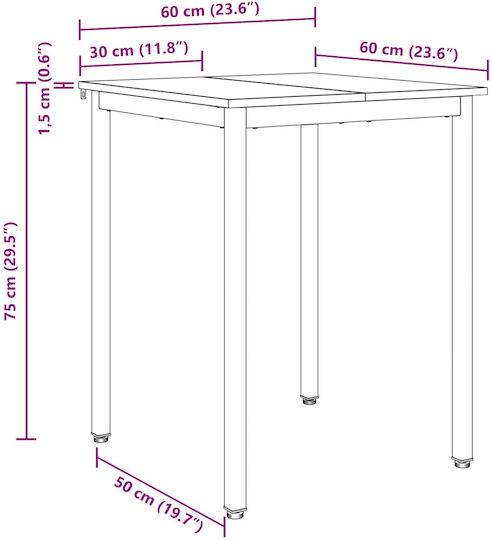 Table Dining Room Wooden with Metal Frame Brown 60x60x75cm