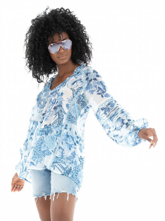 W3GH60WDW52 Tunic with 3/4 Sleeve with V Neckline Floral Blue