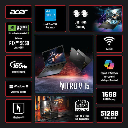 Acer Nitro V15 ANV15-52 -57BB 15.6" IPS FHD 165Hz (i5-13420H/16GB/512GB SSD/GeForce RTX 5050/W11 Home) Obsidian Black (US Keyboard)