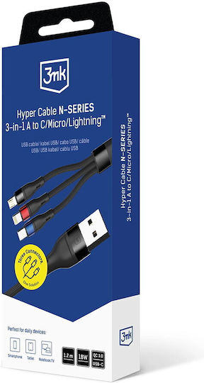 3MK USB to Lightning / Type-C / micro USB Cable Μαύρο 1.2m