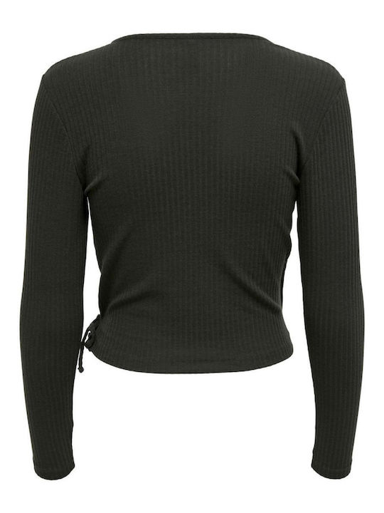 Emma Damen Crop Top Langarm mit V-Ausschnitt Schwarz