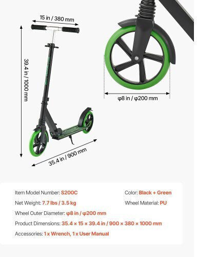 Vevor Patinetă Copii Pliabilă cu 2 Roți pentru 8+ Ani Negru Verde