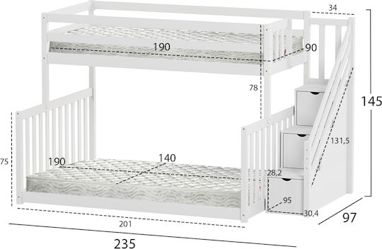 Beamer Kids Bed Bunk Semi Double White for Mattress 140x190cm