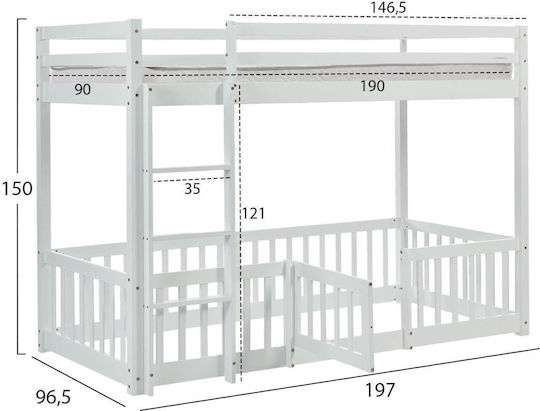 Playkid Детско Легло Двуетажно Единично с Матрак Бял 90x190см