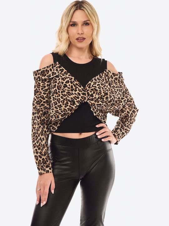 Damen Bluse Tierdruck Black
