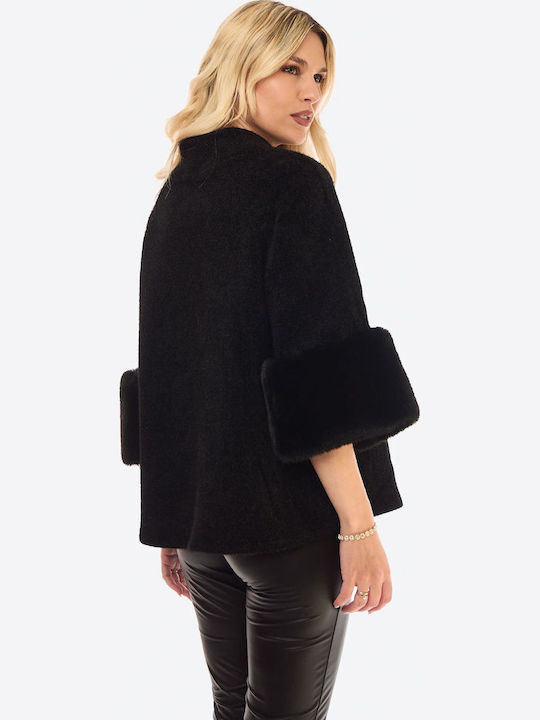 Women's Black Coat with Fur Details