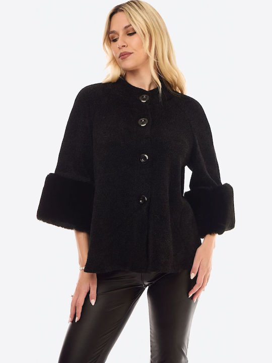 Women's Black Coat with Fur Details