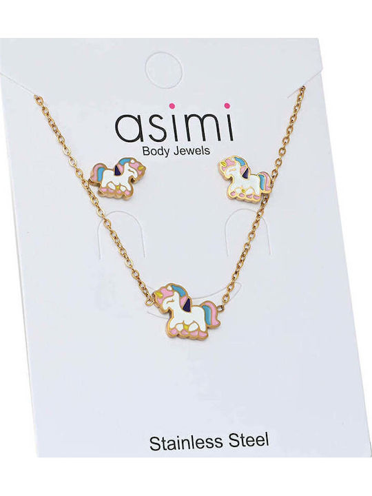 Asimi Body Piercing Комплект с Колие & Обеци от Inox Златно с Камъни
