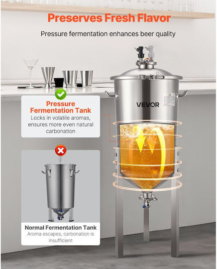 Conical Fermenter Vevor Stainless Steel Fermentation Tank Home Brewing 8 Gallons 30 Liters Brewing Bucket Conical Bottom 3 Adjustable Legs Cap Handle Thermometer Wine Beer Fermentation