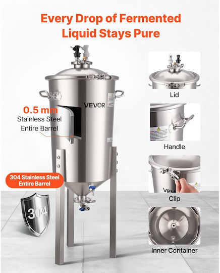 Conical Fermenter Vevor Stainless Steel Fermentation Tank Home Brewing 8 Gallons 30 Liters Brewing Bucket Conical Bottom 3 Adjustable Legs Cap Handle Thermometer Wine Beer Fermentation