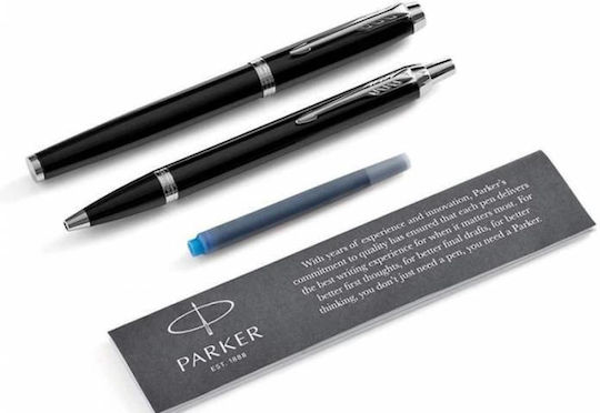Parker IM Duo Pen Set Ballpoint Medium with Fountain Pen Medium made of Steel Laque Black CT in a case