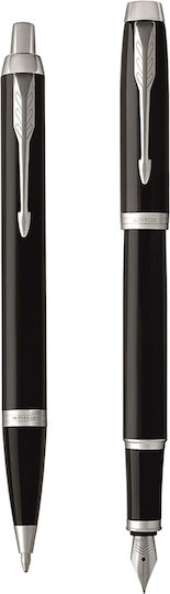 Parker IM Duo Pen Set Ballpoint Medium with Fountain Pen Medium made of Steel Laque Black CT in a case