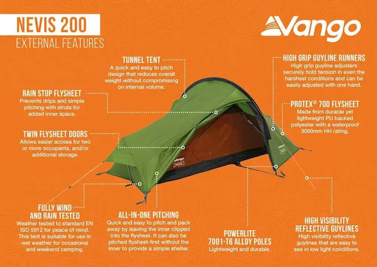 Vango Nevis 200 Camping Tent Tunnel Green 4 Seasons for 2 People