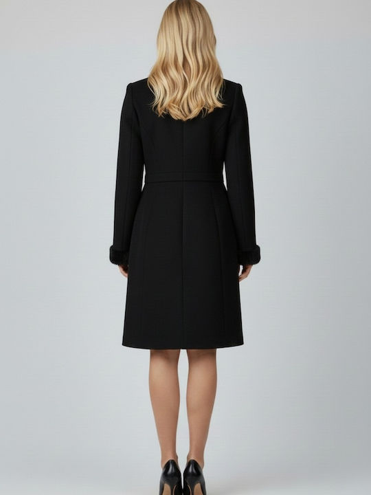 Women's Black Coat with Fur Details