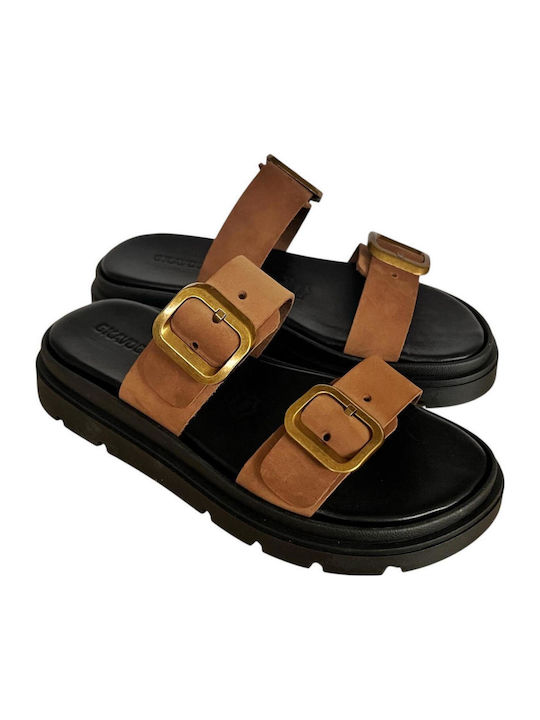 Leather Women's Flat Sandals Flatforms in Tabac Brown Color