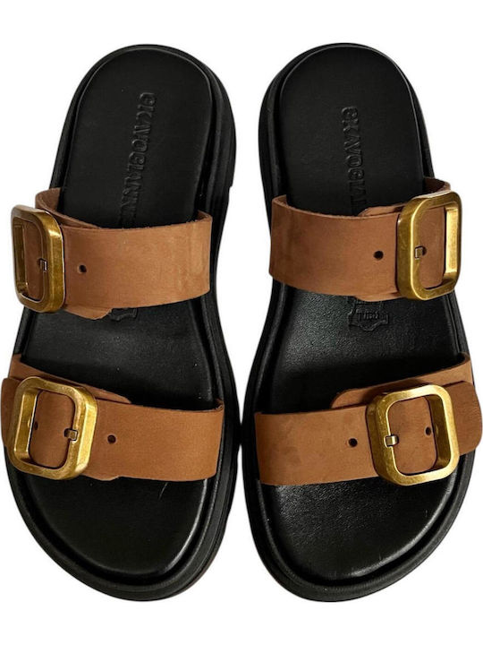 Leather Women's Flat Sandals Flatforms in Tabac Brown Color