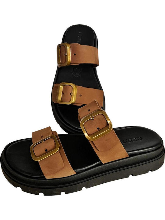 Leather Women's Flat Sandals Flatforms in Tabac Brown Color