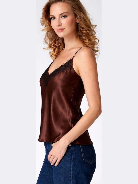 Women's Satin Lingerie Top with Lace Cognac Brown
