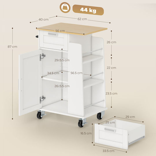 HomCom Wooden Kitchen Trolley 3 Tiers White 62x40x87cm