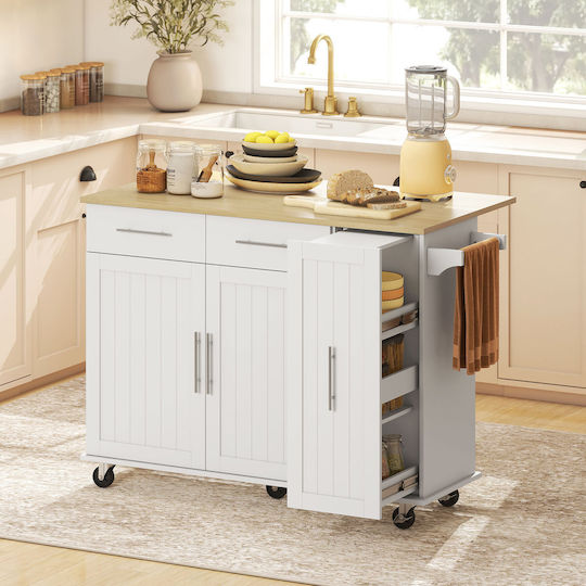 HomCom Τρόλεϊ Κουζίνας Ξύλινο 2 Θέσεων Λευκό 91x129cm
