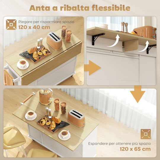 HomCom Τρόλεϊ Κουζίνας Ξύλινο 2 Θέσεων Λευκό 91x129cm