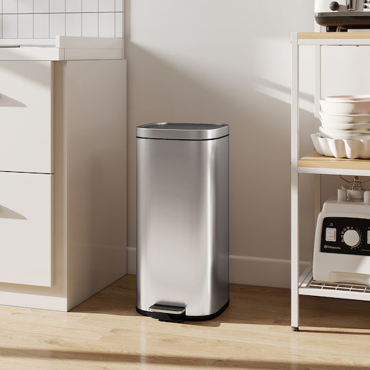 HomCom Metallic Waste Bin with Pedal 30L Silver
