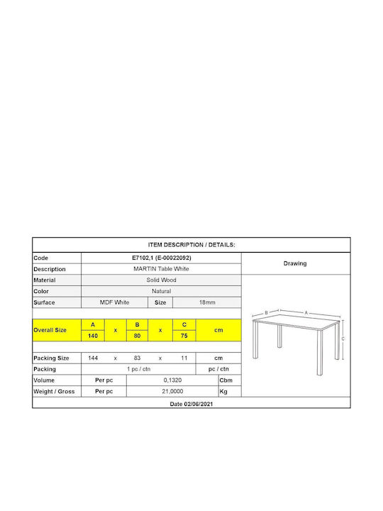 Martin Τραπέζι Τραπεζαρίας Ξύλινο Λευκό 140x80x75εκ.