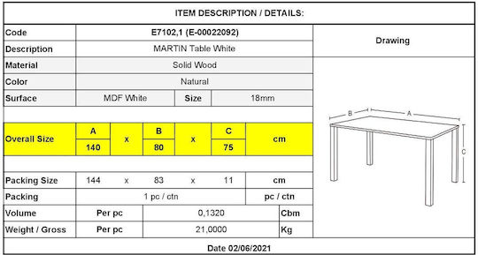 Martin Τραπεζαρίας Λευκό 140x80x75εκ.
