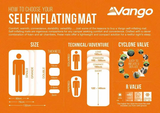 Vango Trek Self-Inflating Single Camping Sleeping Mat Thickness 3cm