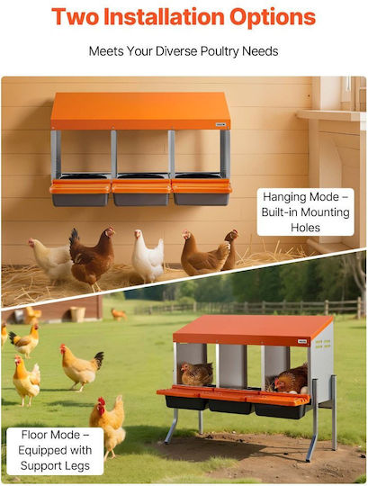 Vevor Nesting Boxes Chickens 3 Compartments Support Legs Easy Egg Collection Galvanized Steel High Strength Plastic Rolled Nesting Boxes Chickens Hens Laying Eggs Orange
