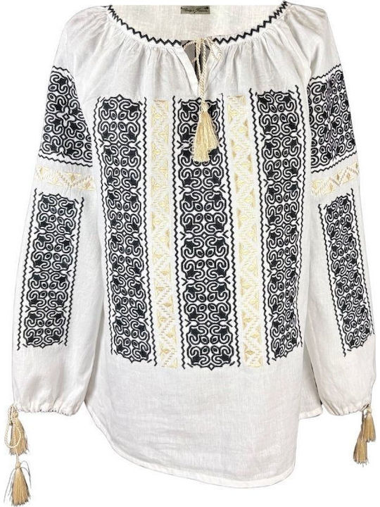 Bluza Damă Bumbac Mânecă Lungă Alb/Auriu