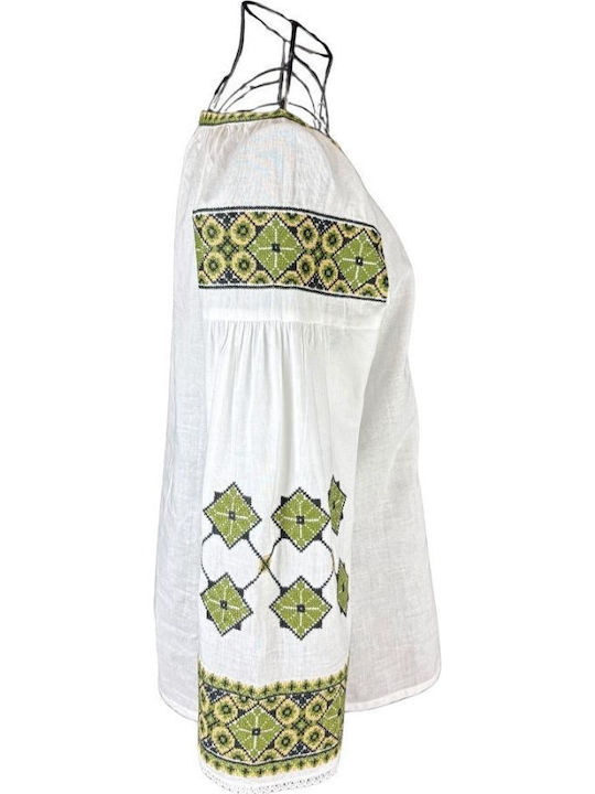 Bluza Damă Bumbac Mânecă Lungă Albă, Olive