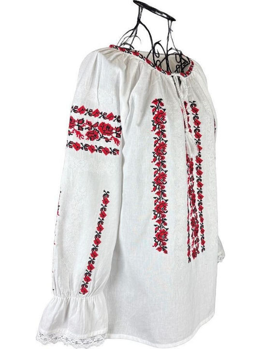 Bluza Damă Din Bumbac Cu Mânecă 3/4 Alb Optic Roșu Cireș