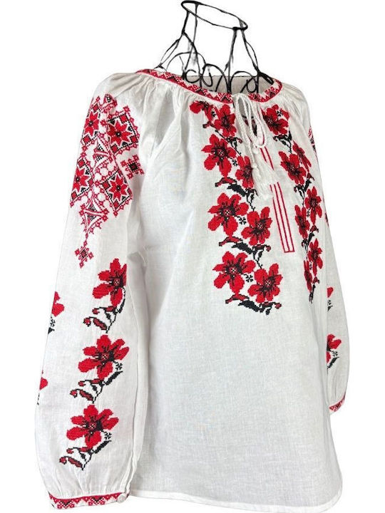 Bluza Damă Din Bumbac Cu Mânecă 3/4 Alb/Roșu