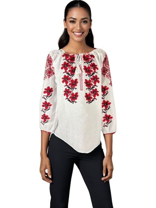 Bluza Damă Din Bumbac Cu Mânecă 3/4 Alb/Roșu