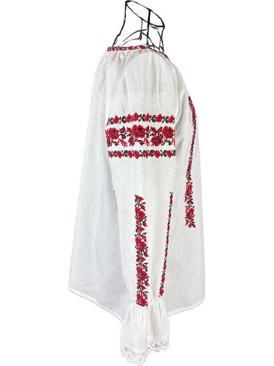 Bluza Damă Din Bumbac Cu Mânecă 3/4 Alb Optic Roșu Cireș