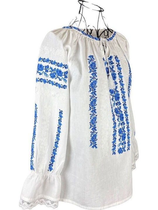 Bluza Damă Din Bumbac Cu Mânecă 3/4 Albă, Albastră