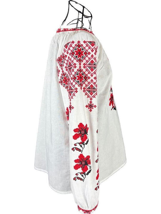 Bluza Damă Din Bumbac Cu Mânecă 3/4 Alb/Roșu